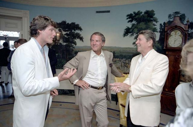 6/12/1983 President Reagan Christopher Reeve Frank Gifford hosting a reception and picnic in honor of the 15th Anniversary of the Special Olympics program in Diplomatic Reception Room
