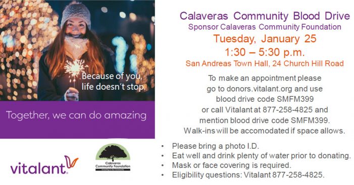 Calaveras Community Foundation (CCF) Sponsors Vitalant Blood Drive on Tuesday, January 25, 2022