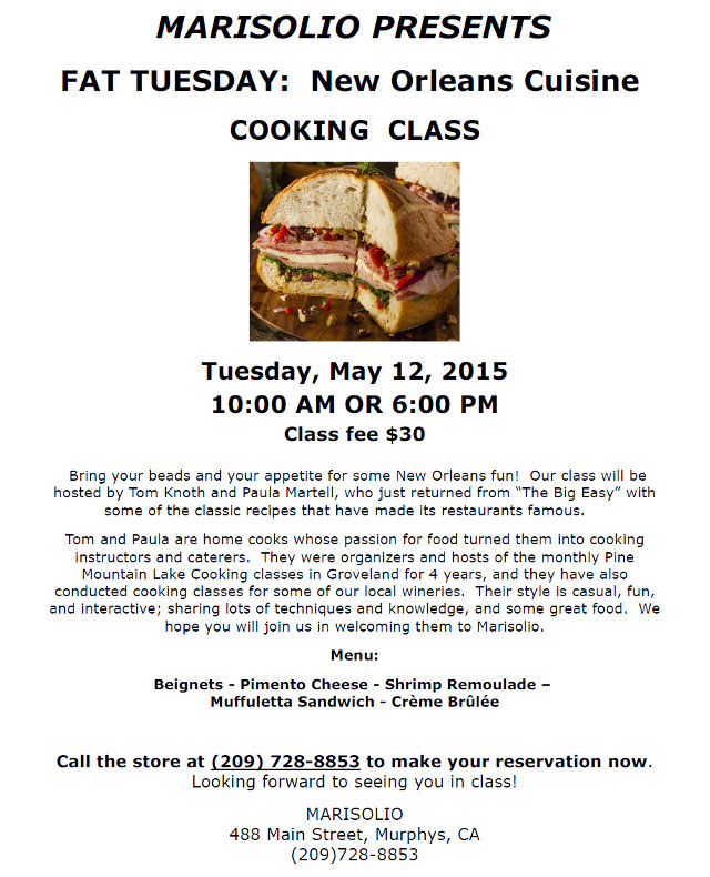MARISOLIO Presents FAT TUESDAY:  New Orleans Cuisine  Cooking Class