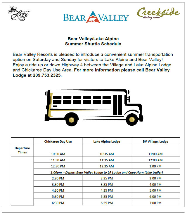 New Summer Shuttle Service Between Bear Valley Village & Lake Alpine