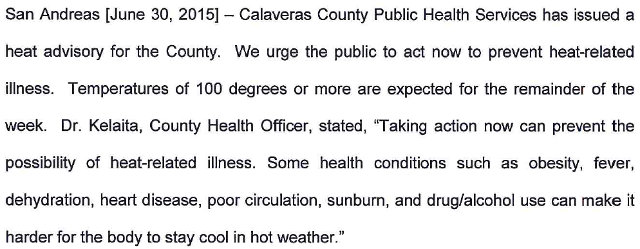 Calaveras County Public Health Issues Heat Advisory To Residents