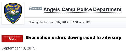 Angels Camp Evacuation Orders Downgraded to Advisory