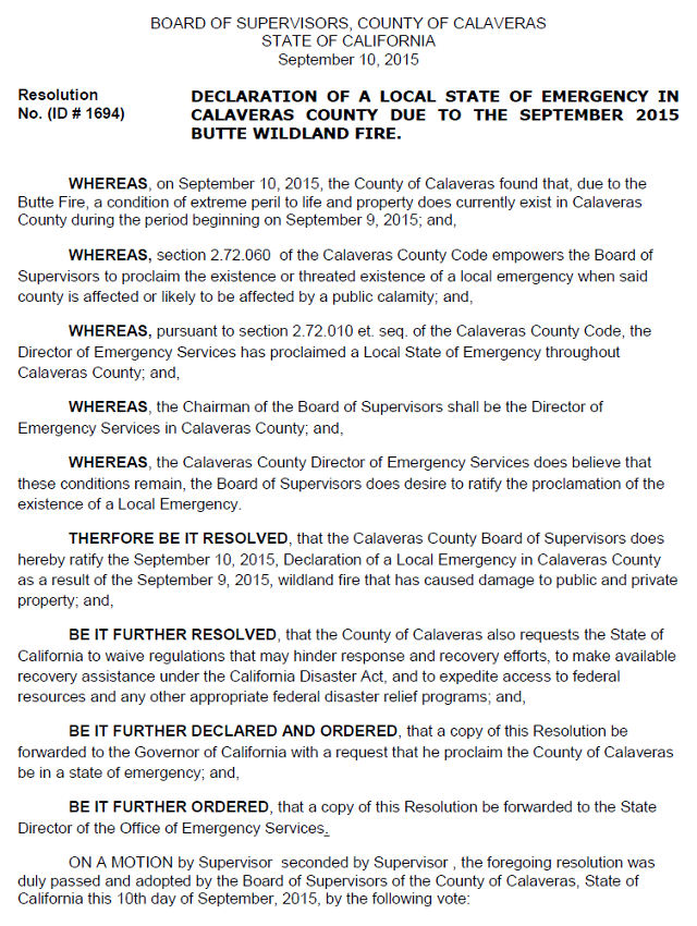 Calaveras Supervisors To Vote On Declaration Of Emergency Due To Butte Fire