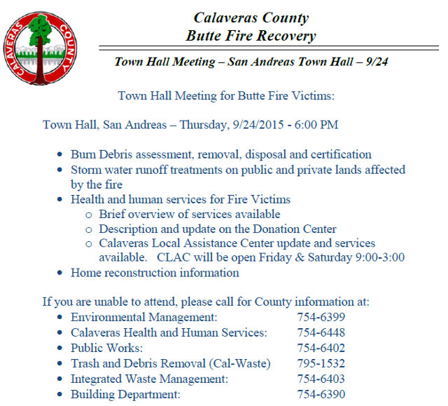 Butte Fire Recovery Town Hall Meeting – San Andreas Town Hall – 9/24