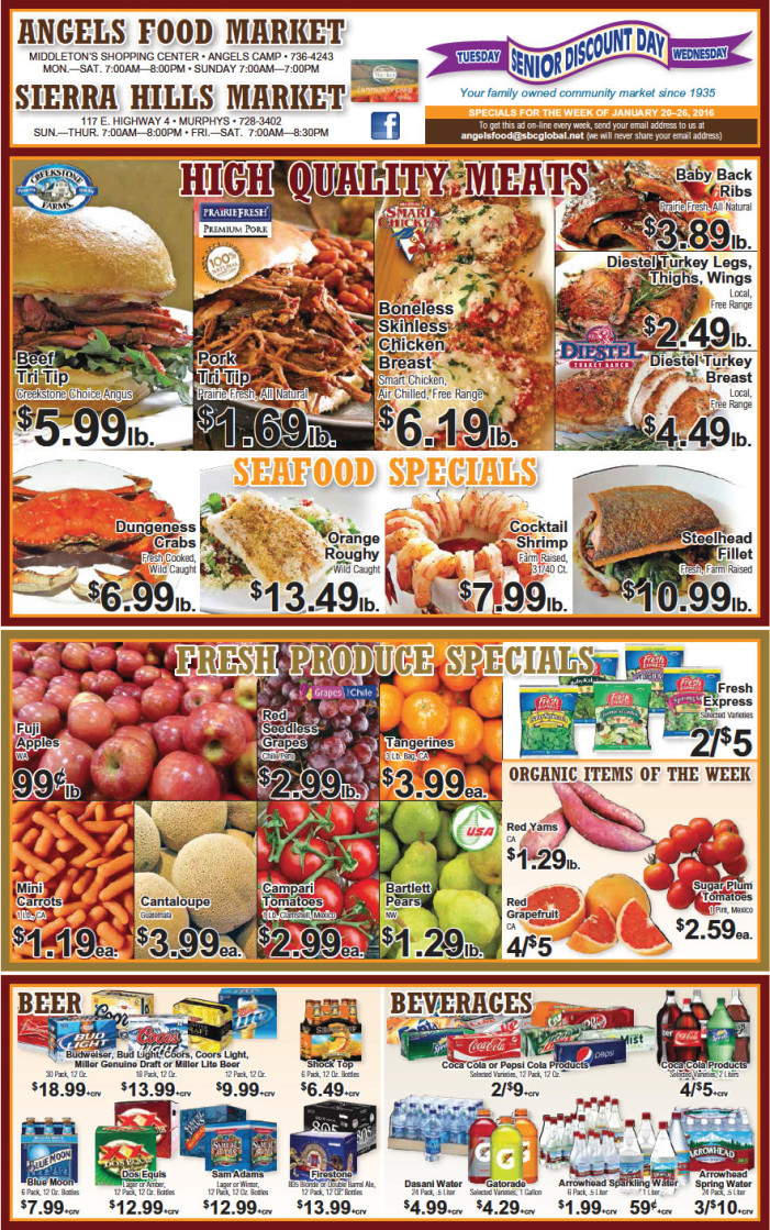 Shop Local! Sierra Hills, Angels Food & Sierra Hills Natural Food Markets. Weekly Specials Through Jan 26