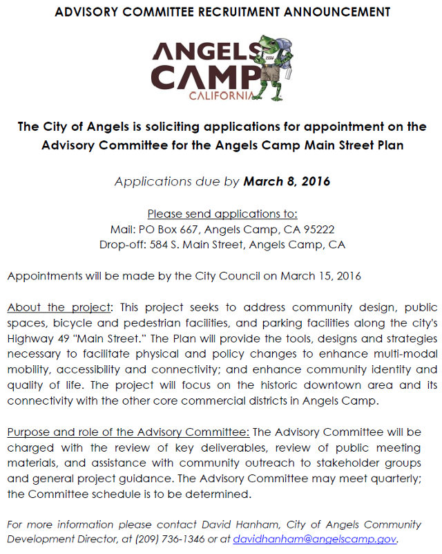 Angels Camp Advisory Committee Recruitment Announcement