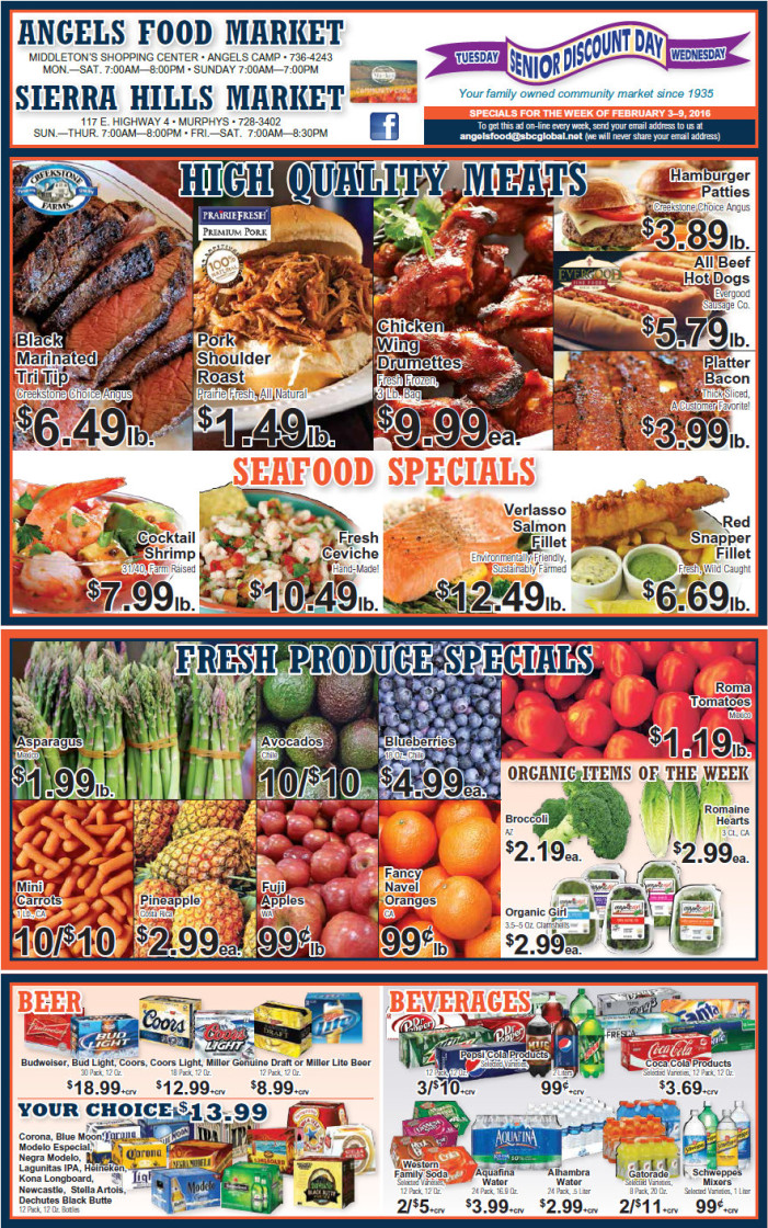 Shop Local! Sierra Hills, Angels Food & Sierra Hills Natural Food Markets.  Weekly Specials Through February 9.  Stock Up For The Superbowl