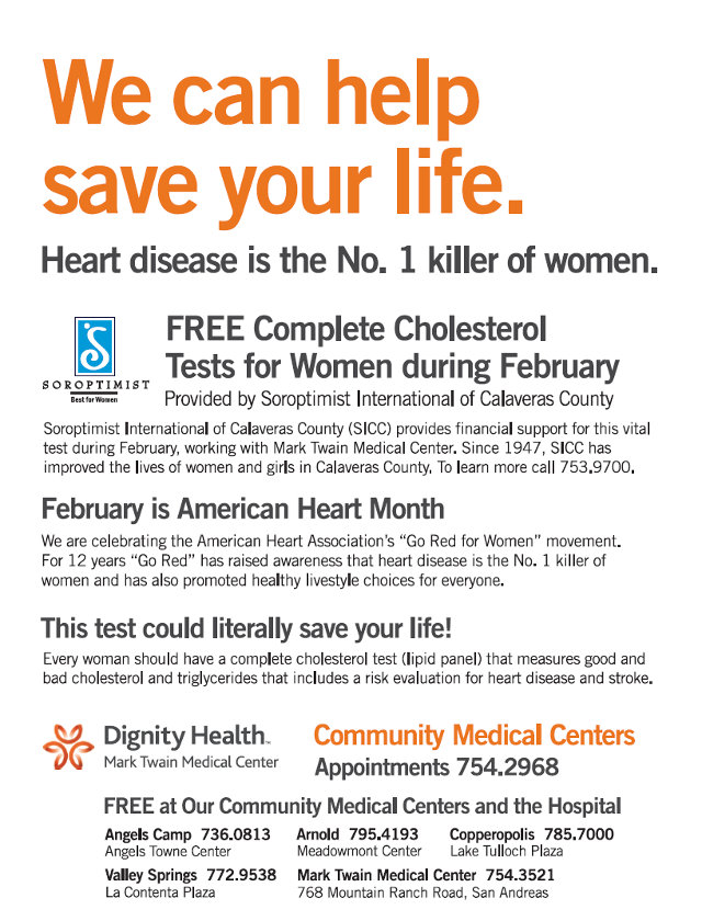 Mark Twain Medical Center and Soroptimists KICK OFF American Heart Month by offering FREE CHOLESTEROL TESTS DURING FEBRUARY