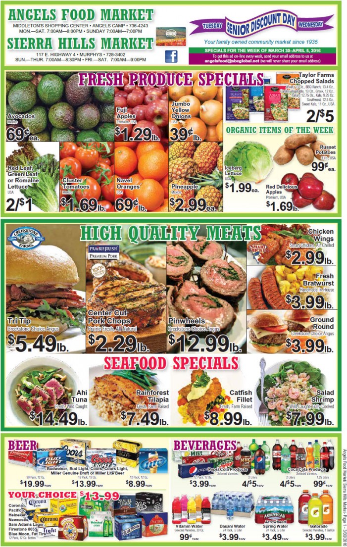 Shop Local! Sierra Hills, Angels Food & Sierra Hills Natural Food Markets Weekly Specials Through April 5th