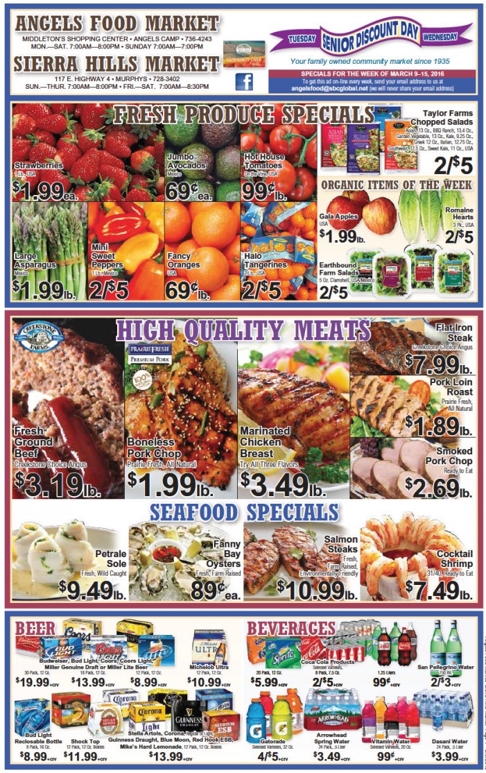 Shop Local! Sierra Hills, Angels Food & Sierra Hills Natural Food Markets.  Weekly Specials Through March 15th!