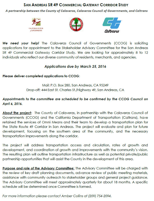 Stakeholder Committee Members Needed For The San Andreas SR 49 Commercial Gateway Corridor Study