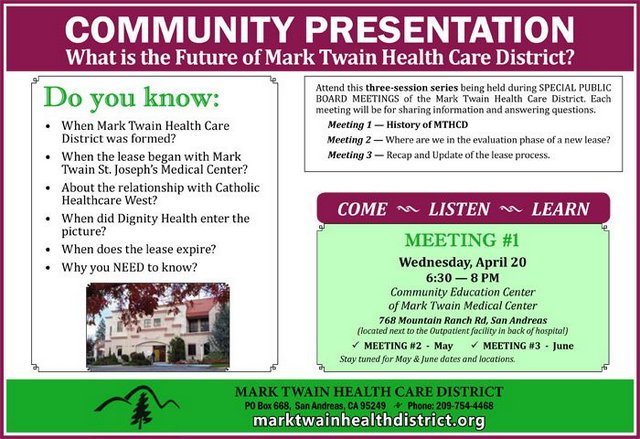 Mark Twain Health Care District To Hold Community Presentations Regarding Its Future.