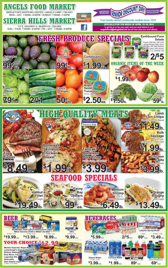 Shop Local! Sierra Hills, Angels Food & Sierra Hills Natural Food Markets Weekly Specials Through April 12th