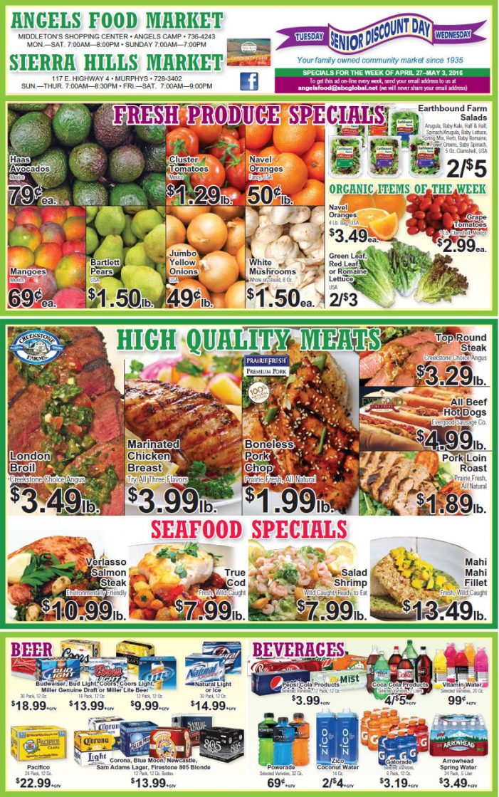 Shop Local! Sierra Hills, Angels Food & Sierra Hills Natural Food Markets Weekly Specials Through May 3rd