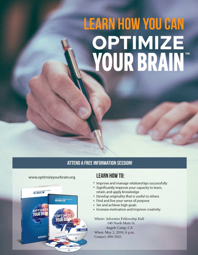 Optimize Your Brain Seminar In Angels Camp On May 2nd