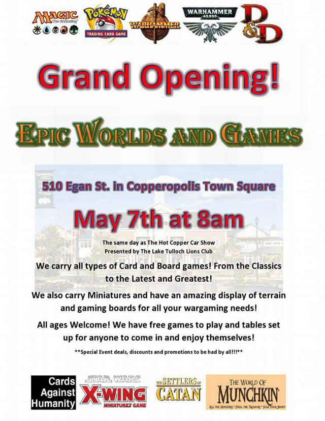 Copperopolis Town Square Adds Another New Business!  Epic Worlds & Games Grand Opening Is May 7th!