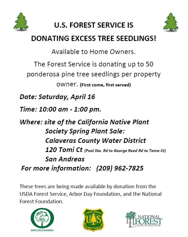 CNPS Plant Sale Reminder & Forest Service Tree Give-Away In San Andreas