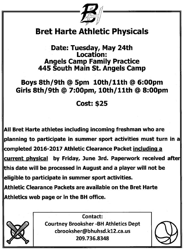 Bret Harte Physicals Are May 24th