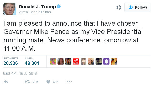 Trump Tweets Pence For VP Slot On Ticket
