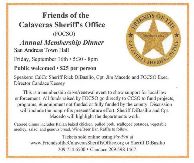 Friends of the Calaveras Sheriff’s Office Or FOCSO Update & Their Annual Dinner Is Tonight!