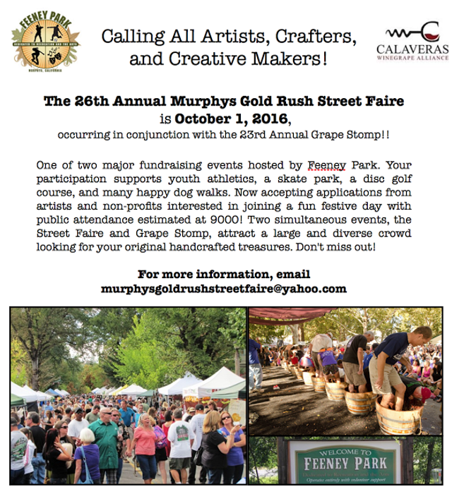 The 28th Annual Murphys Gold Rush Street Faire is October 1st, 2016!  Reserve Your Booth Space!!