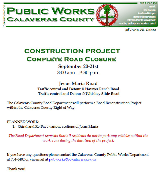 Traffic Update…Portions Of Jesus Maria Road Will Be Closed On September 20-21st For Repairs