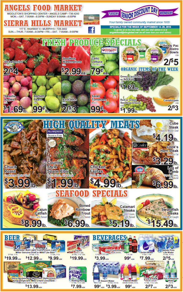 Angels Food & Sierra Hills Markets Weekly Ad September 14 – 20 Ask our Meat Department about our  ‘Special Meat Packs’