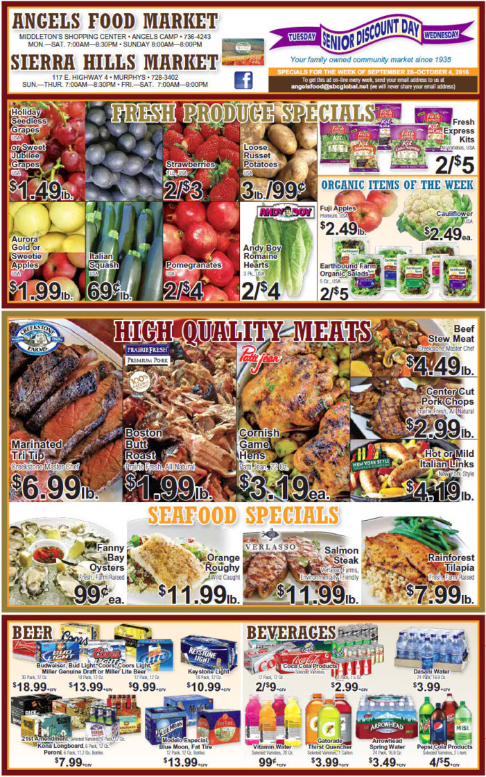 Angels Food & Sierra Hills Markets Weekly Ad Through October 4th!  Ask our Meat Department about our  ‘Special Meat Packs’