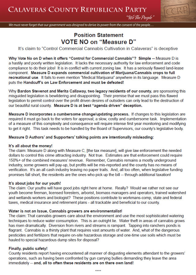 VOTE NO on “Measure D” It’s claim to “Control Commercial Cannabis Cultivation in Calaveras” is deceptive!