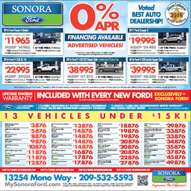 Local Smiles, Service & Savings From Sonora Ford!  13 Vehicles Under $15k This Week