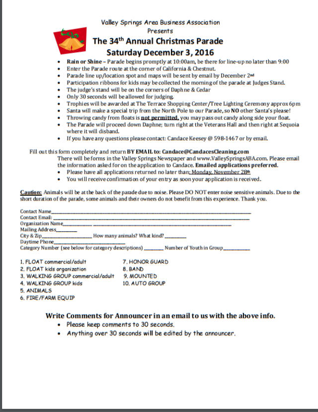 Don’t Forget To Register For The Valley Springs Annual Christmas Parade