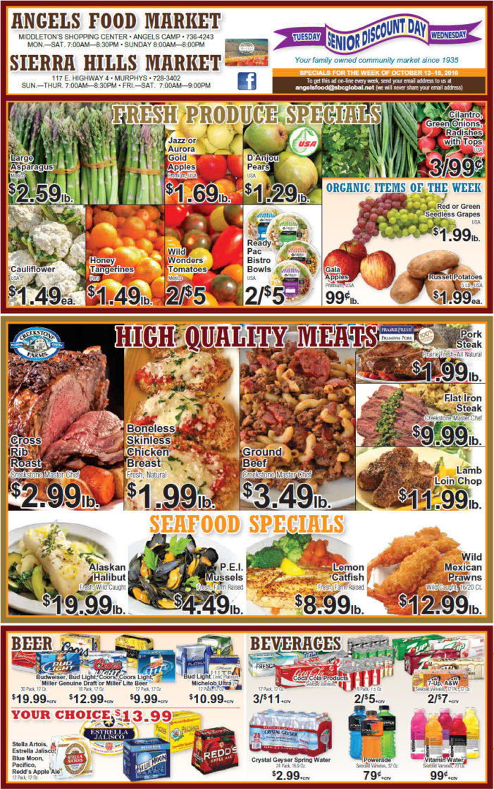 Angels Food & Sierra Hills Markets Weekly Ad Through October 18th!  Ask our Meat Department about our  ‘Special Meat Packs’