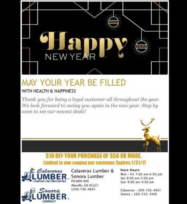 Happy New Year! Here’s A January Monthly Coupon For Savings From Calaveras & Sonora Lumber