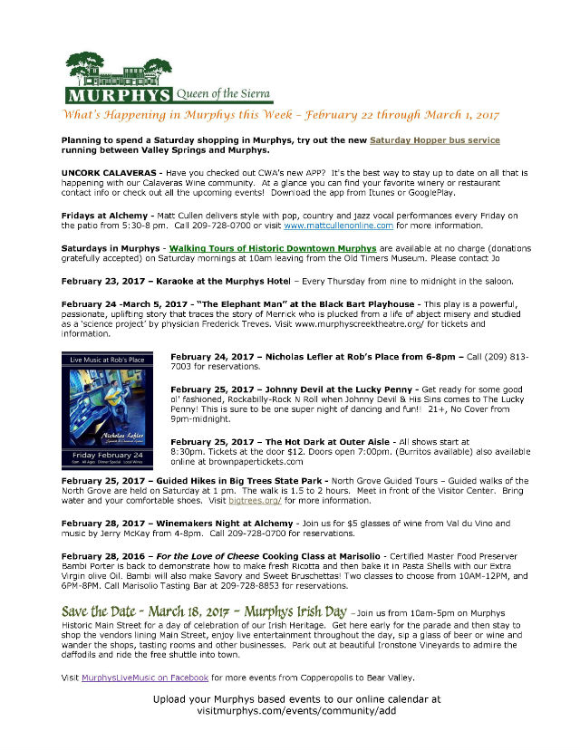 What’s Happening In Murphys This Week ~ February 22nd Through March 1st