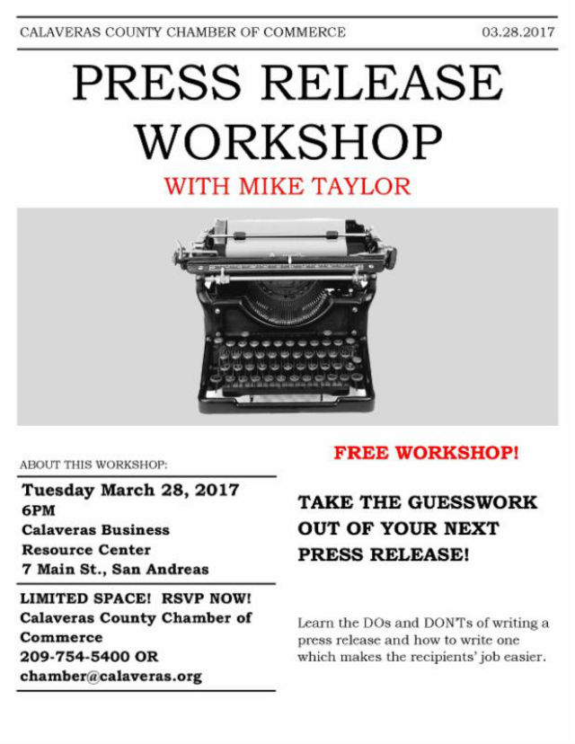 Press Release Work Shop With Mike Taylor ~ March 28th, 2017