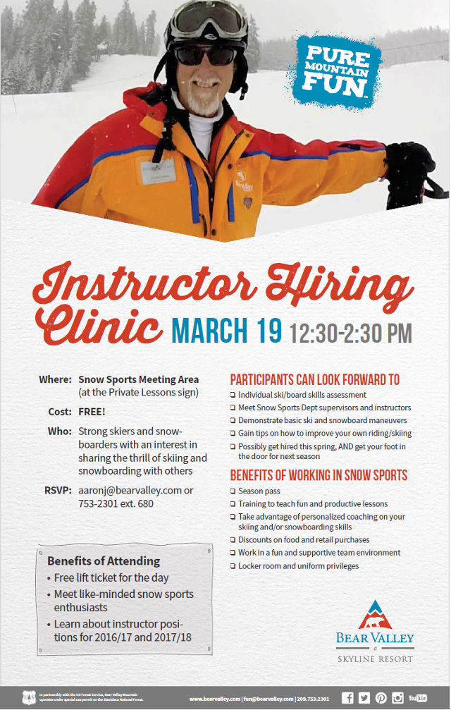 Bear Valley Is Hosting An Instructor Hiring Clinic On March 19th!  Join The Team!!