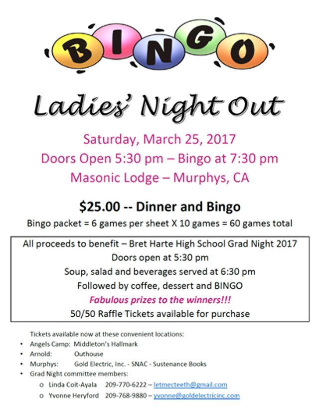 Ladies Night Out Bingo Fundraiser To Benefit Bret Harte Grad Night!!!