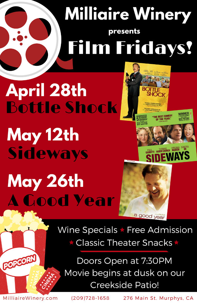 Don’t Miss Film Friday with “Bottle Shock” At Milliaire April 28th.