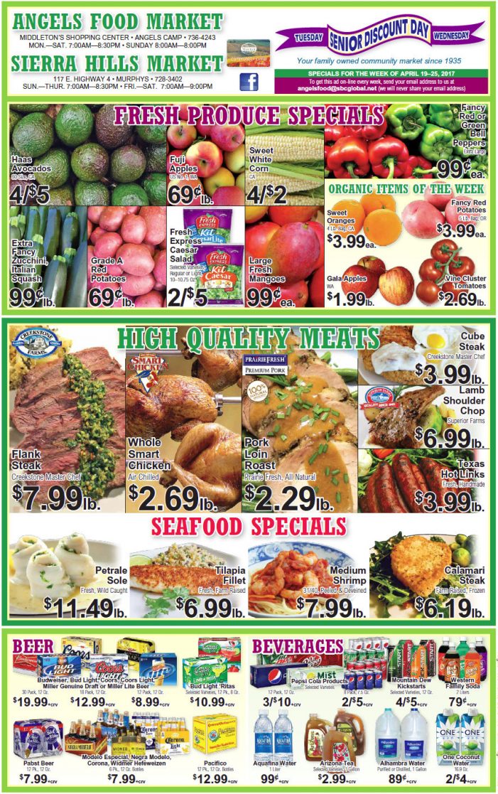 Angels Food & Sierra Hills Markets Weekly Specials Through April 25th