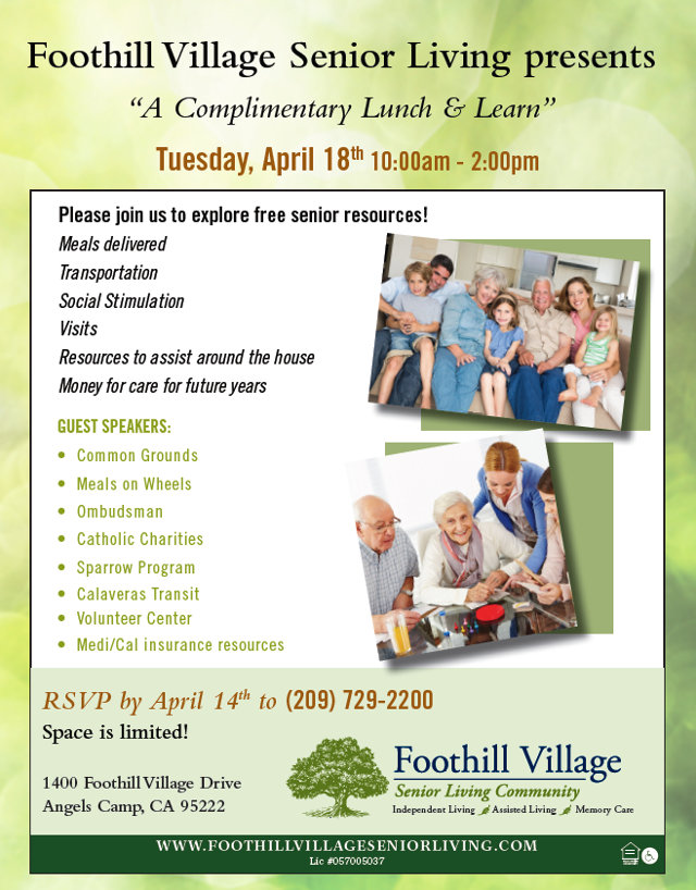 Lunch & Learn At Foothill Village, Our Senior Community Was Designed With Your Needs In Mind!