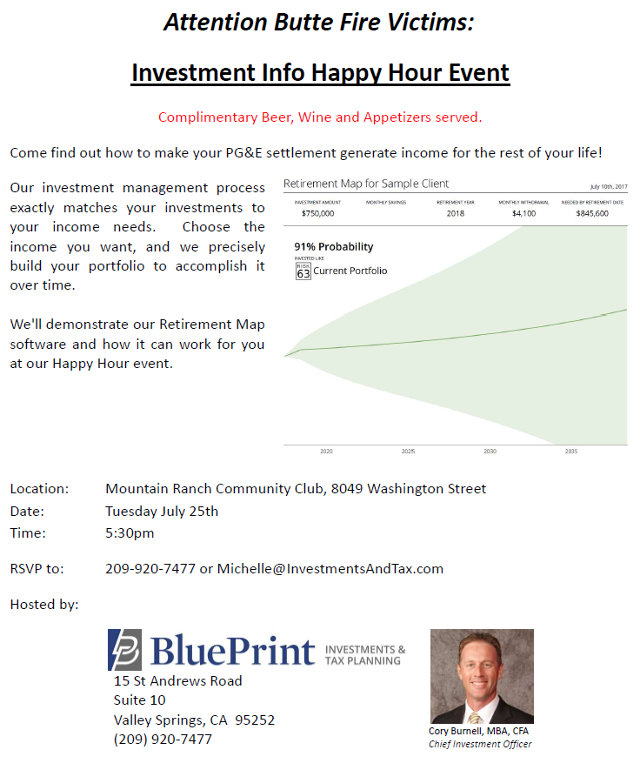 Investment Literacy Happy Hour for Butte Fire Victims on July 25th