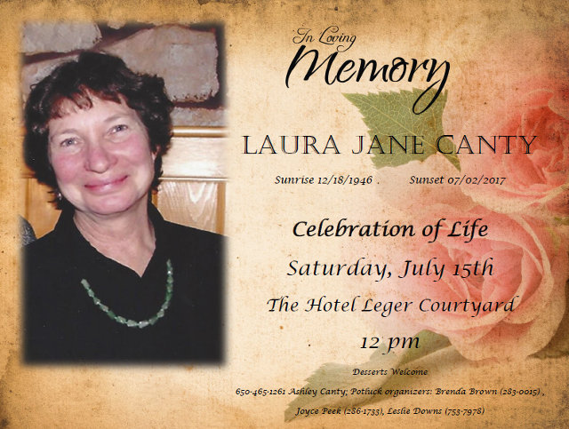 Celebration of Life for Mokelumne Hill’s Laura Jane Canty (1946-2017) on July 15th
