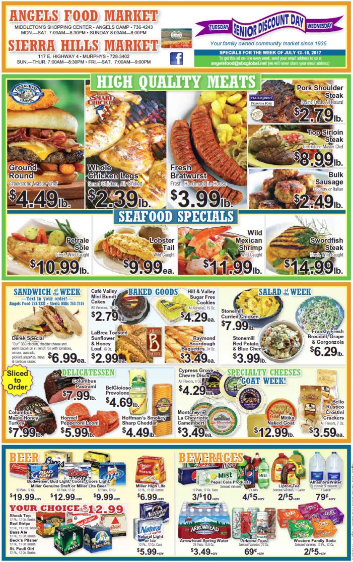 Angels Food & Sierra Hills Markets Weekly Specials Through July18th