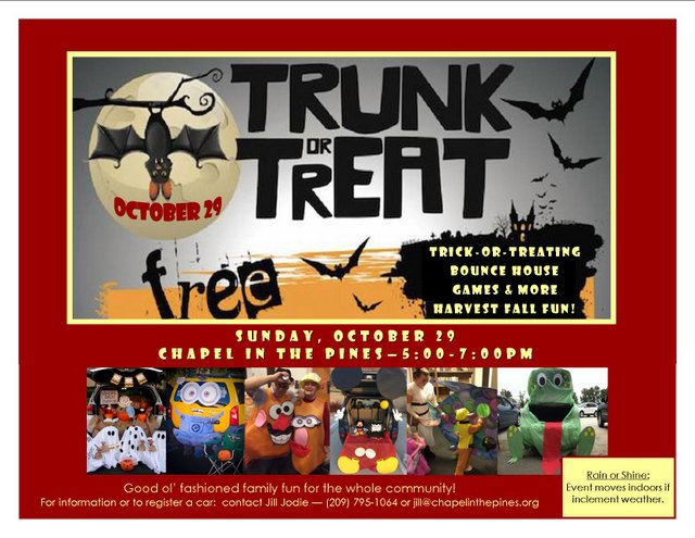 6th Annual TRUNK-or-TREAT is back at Chapel in the Pines – SUNDAY, OCTOBER 29 – 5:00-7:00pm (RAIN or SHINE – will move indoors if inclement weather)