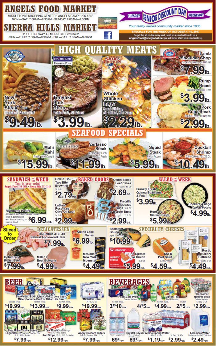 Angels Food & Sierra Hills Markets Grocery Ad & Weekly Specials Through October 10th