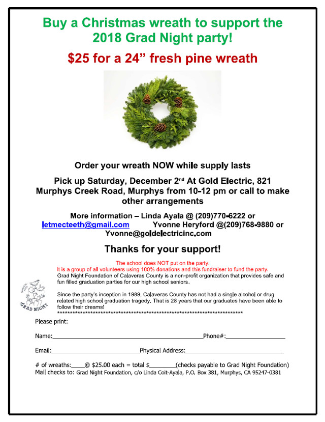 Order Your Fresh Christmas Wreaths & Support Bret Harte Grad Night!