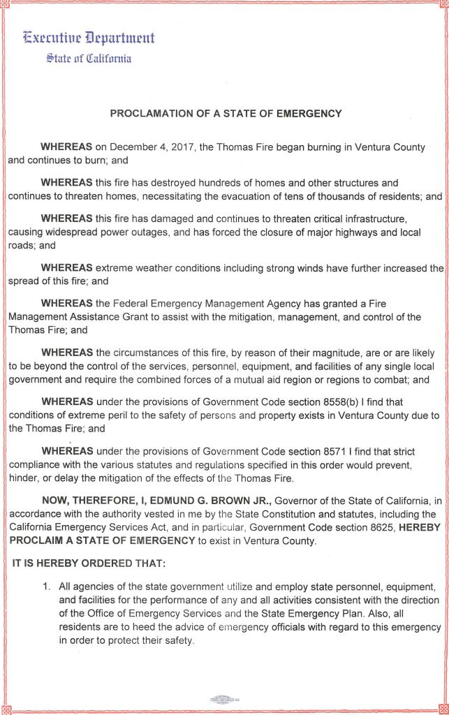 Governor Brown Declares State of Emergency in Ventura County Due to Thomas Fire