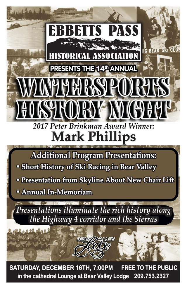 Winter Sports History Night Honoring Mark Phillips & Ski Racing at Bear Valley is December 16th