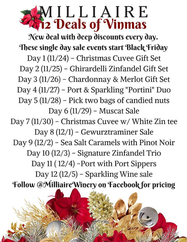 Don’t Miss out on the “12 Deals of Vinmas!” Going on now at Milliaire Winery