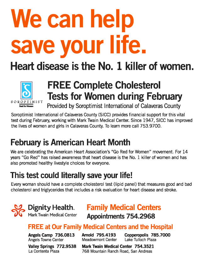 Mark Twain Medical Center and Soroptimist KICK OFF American Heart Month by Offering FREE Cholesterol Tests During February